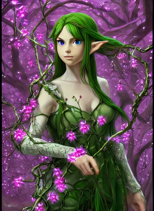 Image similar to beautiful full body portrait of the legend of Zelda ocarina of time great fairy, her body wrapped with ivy vines leaves and flowers, dark fantasy esoteric, D&D, fantasy, cinematic lighting, intricate, elegant, highly detailed, digital painting, artstation, concept art, matte, sharp focus, illustration, art by Artgerm and Tom Bagshaw and Greg Rutkowski and Alphonse Mucha