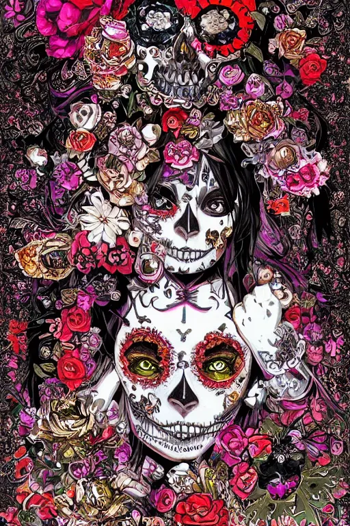 Image similar to baroque bedazzled gothic royalty frames surrounding a pixelsort emo demonic horrorcore Japanese Illustration of a sugar skull day of the dead girl, art by satoshi kon, sharpened early computer graphics, remastered chromatic aberration