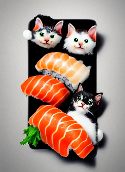 Image similar to clear photorealistic picture of adorable cats made out of sushi