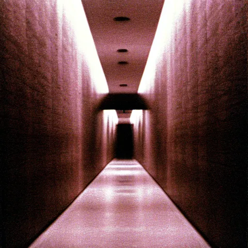 Prompt: Beautiful cameraphone 2005 soft liminal Photograph of an infinite dark colored hallway pool