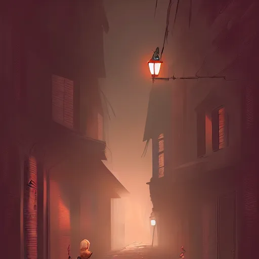 Prompt: digital art painting of dark alleyway with a black silhouette of a cat standing in a dimly lit passage at the end, cgsociety, trending on artstation