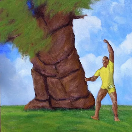 Prompt: Dwayne Johnson punching a tree, oil painting