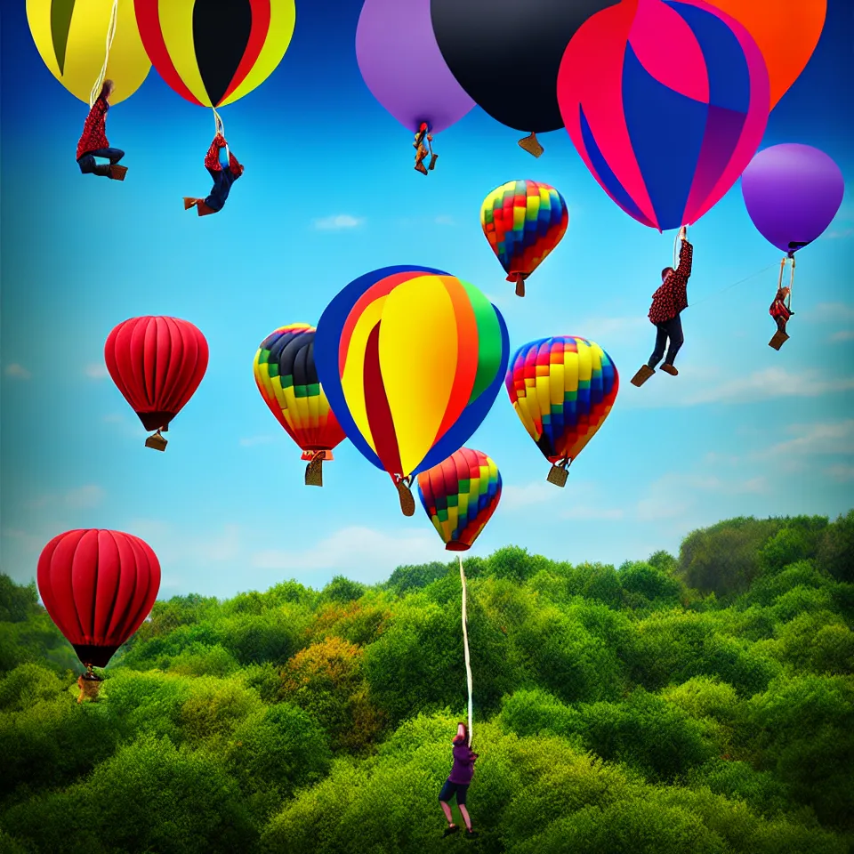 Prompt: large colorful balloons with people on rope swings underneath, flying high over the beautiful countryside landscape, professional photography, 8 0 mm telephoto lens, realistic, detailed, digital art, unreal engine