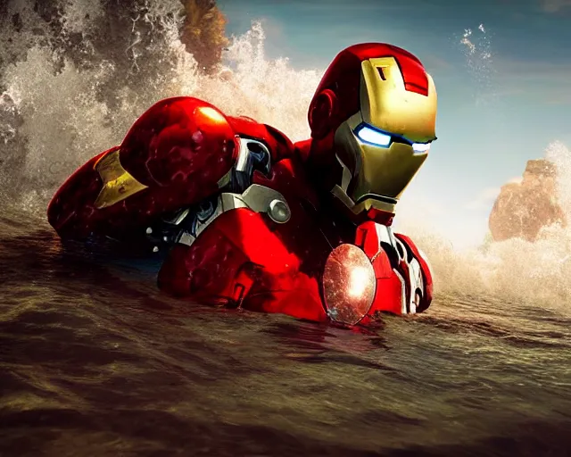 Image similar to iron man submerged under water, cinematic, photoreal, by red dead redemption 2