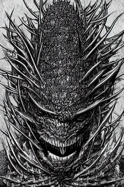 Image similar to thistle monster heavily armoured, symmetrical, highly detailed, digital art, needles, thorns, sharp focus, trending on art station, kentaro miura manga art style