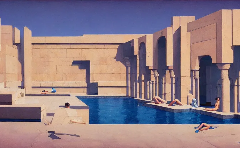 Image similar to A ancient persian temple with a big pool , very coherent, painted by Edward Hopper, Wayne Barlowe, painted by James Gilleard, airbrush, art by JamesJean