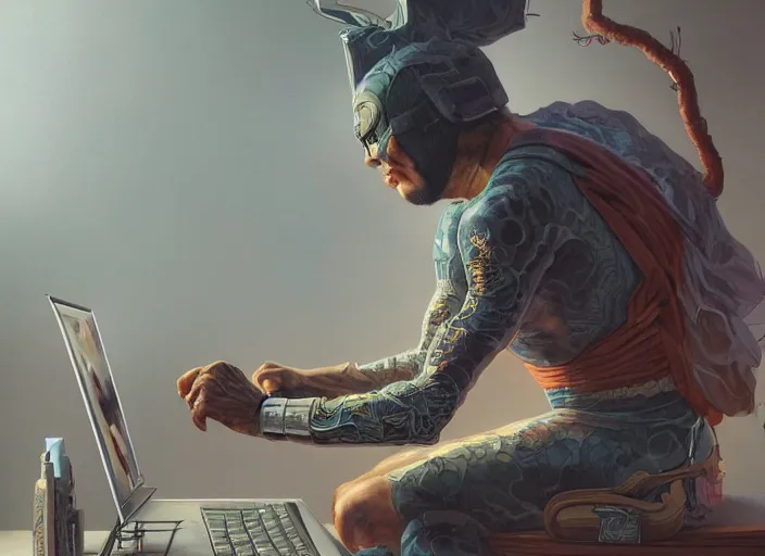 Image similar to an insanely detailed painting of an asian man wearing a homemade superhero costume, sitting at a desk, staring seriously at the computer and typing, in the style of peter mohrbacher, james jean, dramatic lighting and composition, surreal background, octane render, pixar, trending on artstation, concept art, comic book, view from behind, 8 k