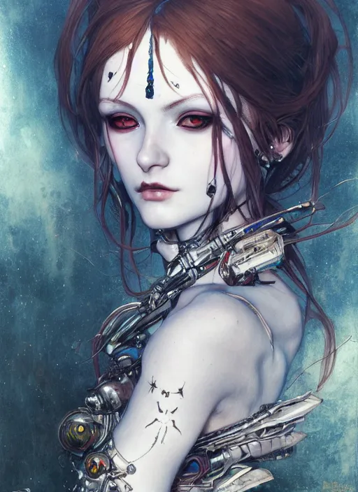 Image similar to portrait of beautiful young gothic maiden, cyberpunk, Warhammer, highly detailed, artstation, illustration, art by Gustav Klimt and Range Murata