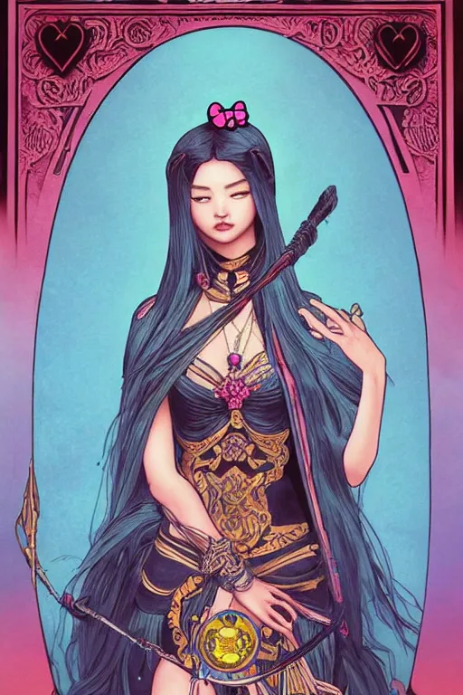 Image similar to Death tarot card design portraying Hello Kitty in ancient Java style, D&D, MtG art,fantasy, intricate, elegant, highly detailed, digital painting, artstation, concept art, smooth, sharp focus, hyperrealistic,illustration, art by artgerm and greg rutkowski and alphonse mucha