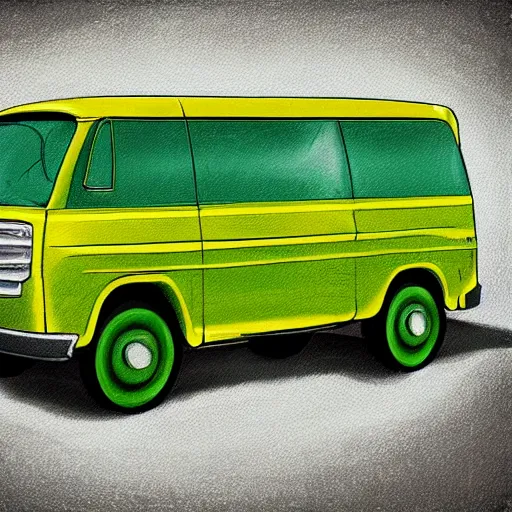Image similar to retro painting illustration of a volswagen van, 2 d, pastel color, green, yellow, green, retro style art, trendy on artstation