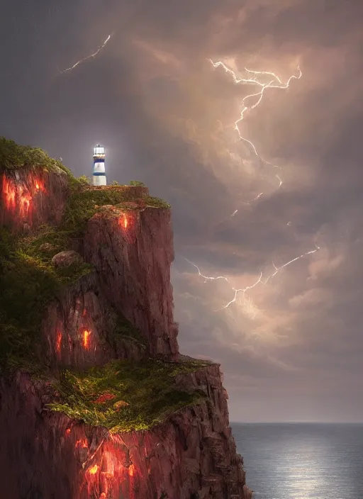 Image similar to light house on a cliff in a thunderstorm at night, dramatic lighting, cinematic, establishing shot, extremly high detail, photo realistic, cinematic lighting, post processed, concept art, artstation, matte painting, style by eddie mendoza, raphael lacoste, alex ross