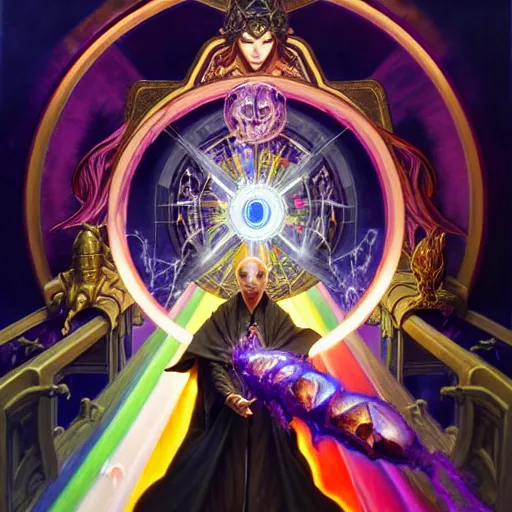 Image similar to painting of powerful stylish sorcerer and a cleric banishing the darkness and its abominations with a rainbow spell, ultra realistic, concept art, intricate details, eerie, highly detailed, photorealistic, octane render, 8 k, unreal engine. art by artgerm and greg rutkowski and magali villeneuve and alphonse mucha