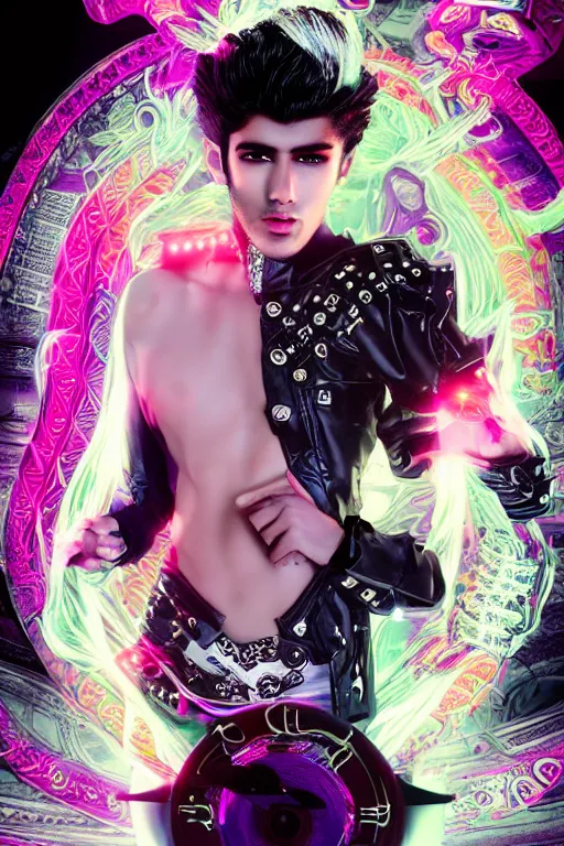 Image similar to full-body rococo and cyberpunk style neon statue of a muscular attractive Zayn Malik sim roupa macho dotado e rico android sim roupa reclining con las piernas abiertas e la piroca dura e afuera, glowing white laser eyes, prince crown of red gears, diamonds, swirling black-colored silk fabric. futuristic elements. full-length view. space robots. alien skulls. intricate artwork by caravaggio. Trending on artstation, octane render, cinematic lighting from the right, hyper realism, octane render, 8k, depth of field, 3D