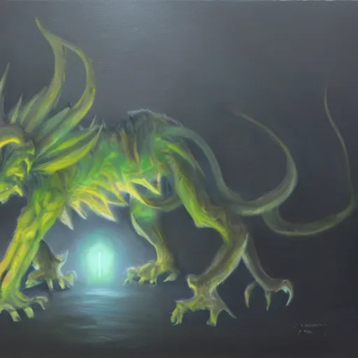 Image similar to creature ramping towards you in the dark, concept art, oil painting