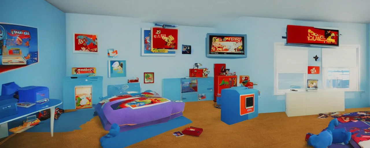 Prompt: beautiful realistic polarizer filter wide shot of a 90s kid's room with nintendos