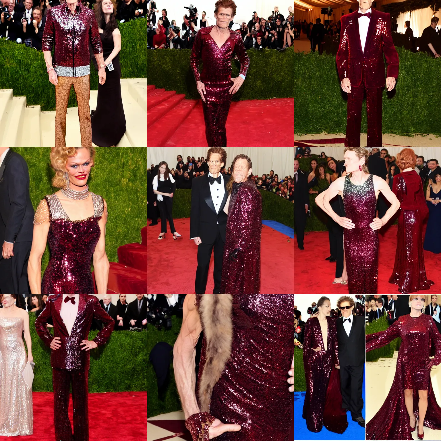 Prompt: Willam Dafoe wearing a maroon dress, sequins, diamonds, Met Gala