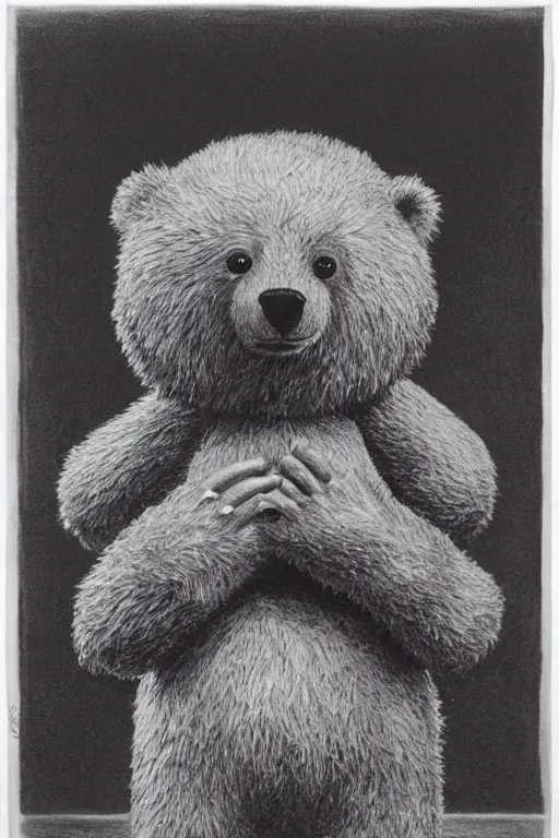 Image similar to official presidential portrait of a teddy bear, from the terrifying and incomprehensible america, body horror, by gerard brom, zdzisław beksinski and ansel adams