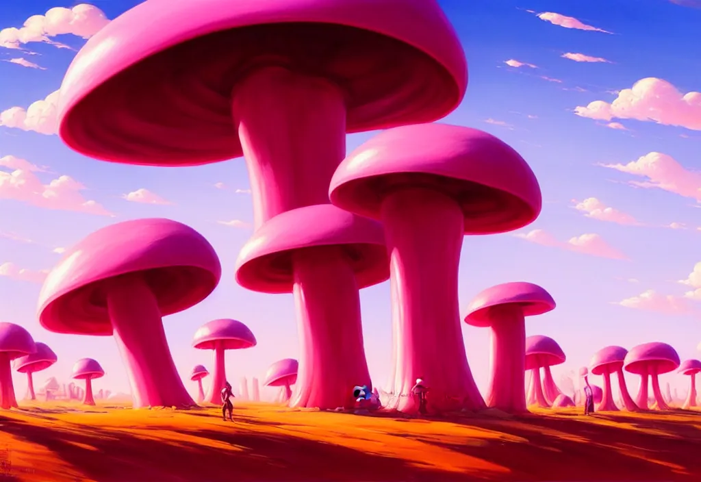 Prompt: futuristic giant pink mushrooms in a desert, intricate oil painting, high detail illustration, sharp high detail, manga and anime 1 9 9 9, official fanart behance hd artstation by jesper ejsing and makoto shinkai, 4 k,