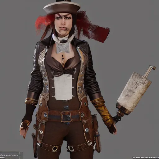 Image similar to Steampunk Character, Unreal Engine 5, Detailed Character Design, AAA Game, RTX, 3D Render