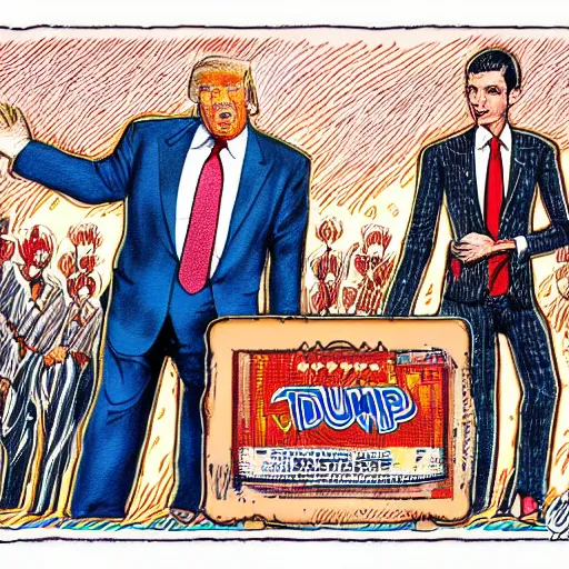 Image similar to !dream The Artwork of R. Crumb and his Cheap Suit Donald Trump and Jared Kushner, pencil and colored marker artwork, trailer-trash lifestyle