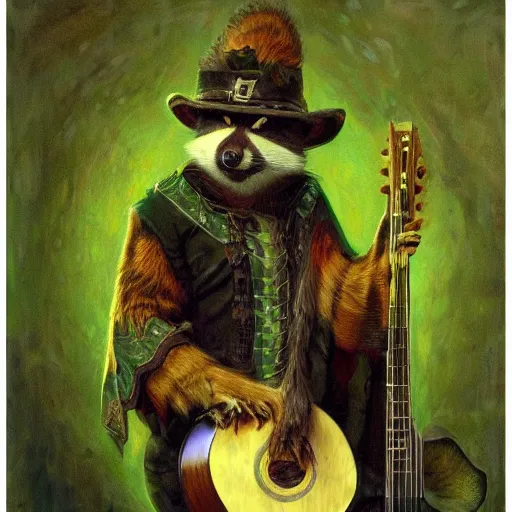 Image similar to racoon bard wearing green tunic holding guitar closeup portrait art by donato giancola and greg rutkowski, vintage retro, realistic face, digital art, trending on artstation, symmetry!!