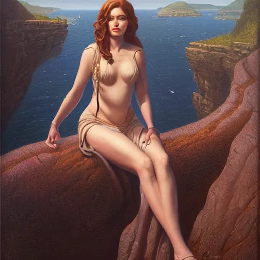 Prompt: a painting of a woman sitting on a cliff, a character portrait by clyde caldwell and tom bagshaw, cg society, fantastic realism, official art, 1 9 9 0 s, academic art