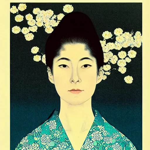 Prompt: “ rosamund pike portrait by ikenaga yasunari and ayana otake and ko rakusui, 6 0 s poster, drawing, realistic, sharp focus, japanese, dreamy, nostalgia, faded, golden hues, floral clothes ”