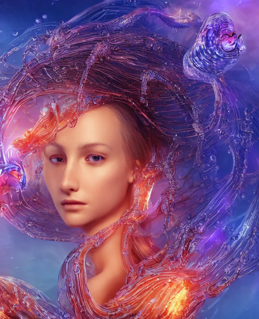 Image similar to close-up macro portrait of the face of a beautiful princess, epic angle and pose, symmetrical artwork, 3d with depth of field, blurred background, cybernetic jellyfish female face skull phoenix bird, translucent, nautilus, energy flows of water and fire. a highly detailed epic cinematic concept art CG render. made in Maya, Blender and Photoshop, octane render, excellent composition, cinematic dystopian brutalist atmosphere, dynamic dramatic cinematic lighting, aesthetic, very inspirational, arthouse. y Greg Rutkowski, Ilya Kuvshinov, WLOP, Stanley Artgerm Lau, Ruan Jia and Fenghua Zhong