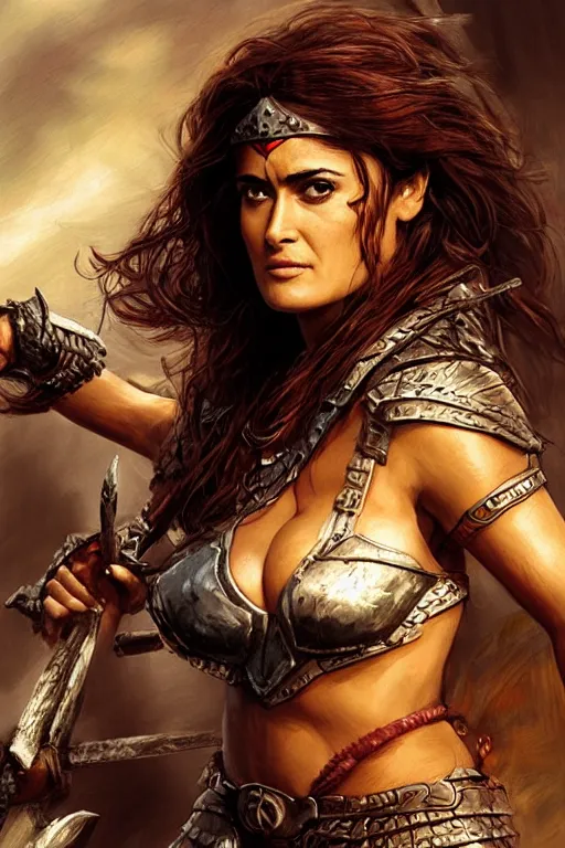 Image similar to portrait, salma hayek as a barbarian warrior, landscape, alex ross, david finch, concept art, matte painting, highly detailed, rule of thirds, dynamic lighting, cinematic, detailed, denoised, centerd