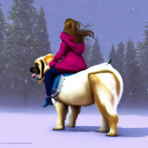 Image similar to girl riding a giant saint Bernard in a snowy park, trending on artstation