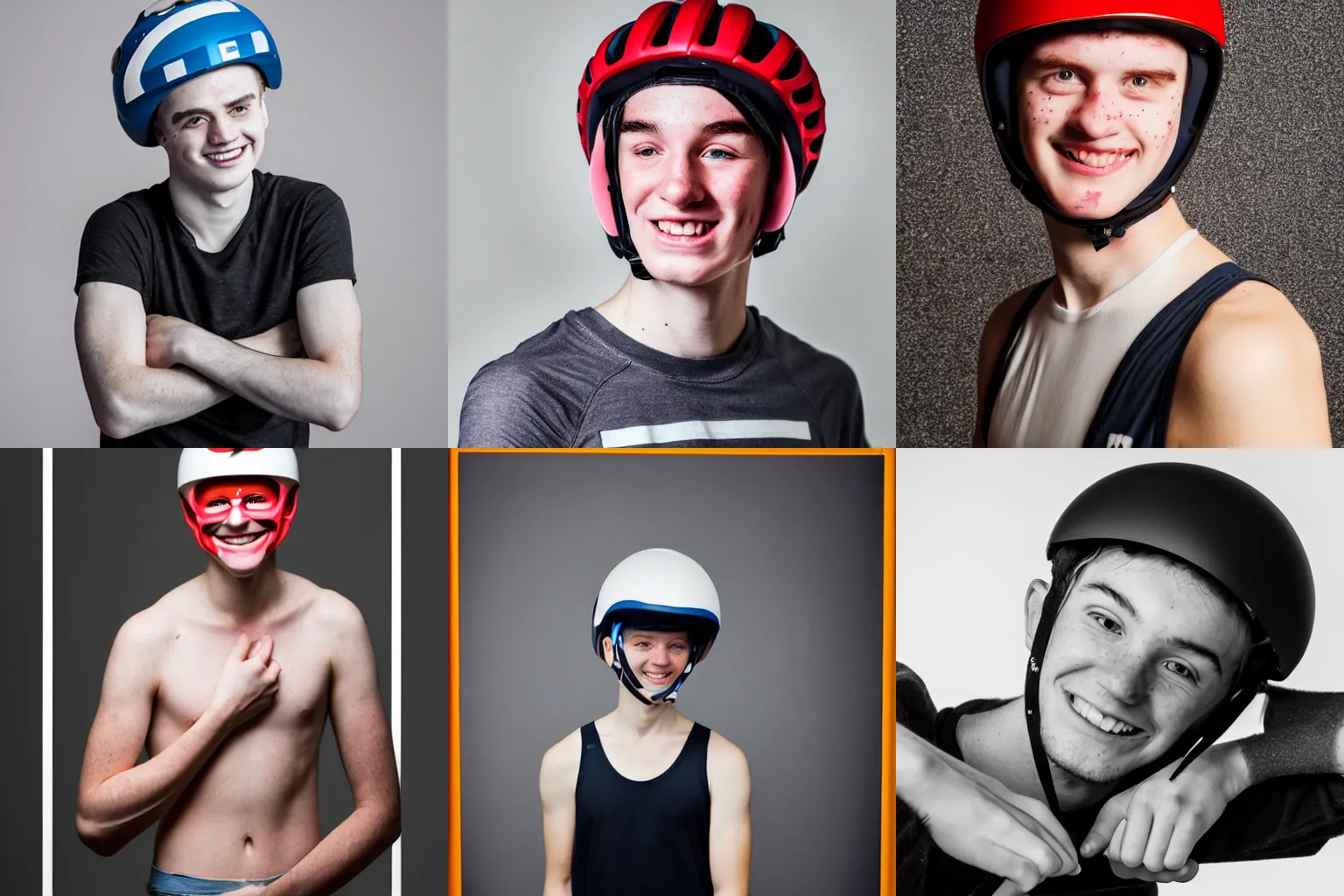 Prompt: portrait of a young university student with light freckles wearing his fashionable bicycle helmet and tanktop, he is smirking shyly into the camera for a cover of an alternative gay print magazine, 5 0 mm, f 1. 4, award winning photograph, experimental studio light, soft focus, milkboys