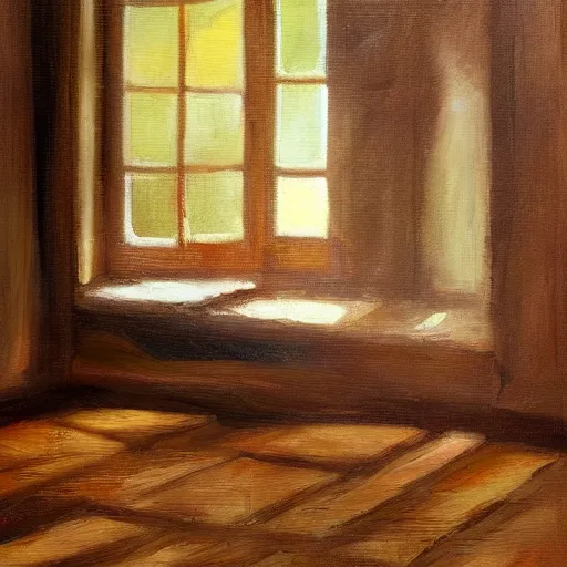 Image similar to oil painting of mostly empty cottage interior with one small window with sunlight shining on the floor. artistic. cozy. wooden floor. rustic