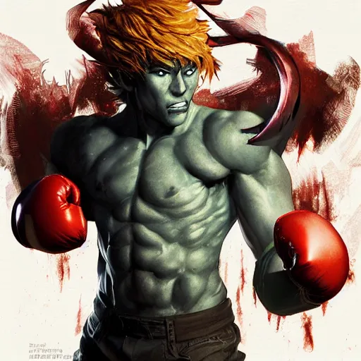 Prompt: demon hero, made by Tomohiro Shimoguchi, Ryō Akizuki,colored by stanley artgerm lau,boxing gloves,worn pants ,ArtStation, CGSociety