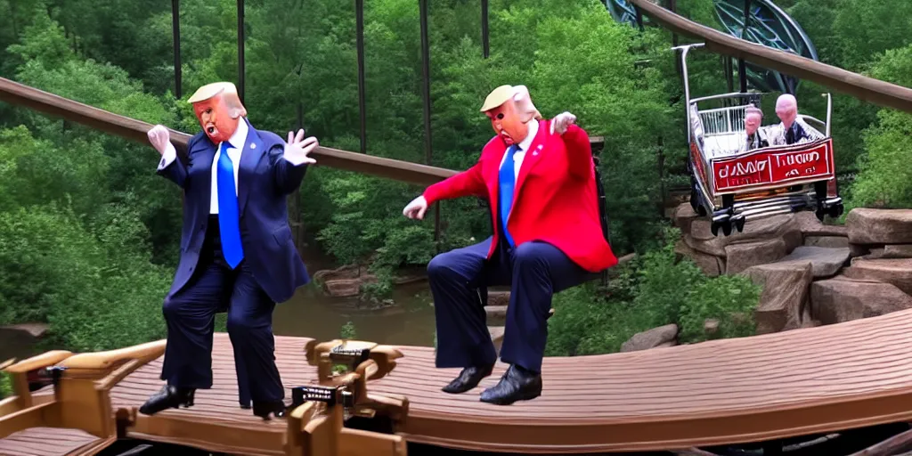 Prompt: Donald trump falls off of a trolly and cries, caught in 4K, taken in Silver Dollar City