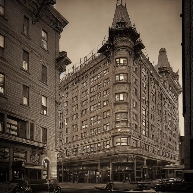 Prompt: sepia photo of a 1 9 2 0 s neo - gothic style hotel in downtown boston, overlooking a dark street, architectural, atmospheric lighting, brooding, painted, intricate, ultra detailed, well composed, best on artstation, cgsociety, epic, horror, stunning, gorgeous, intricate detail, much wow, masterpiece, cinematic aesthetic octane render, 8 k hd resolution,