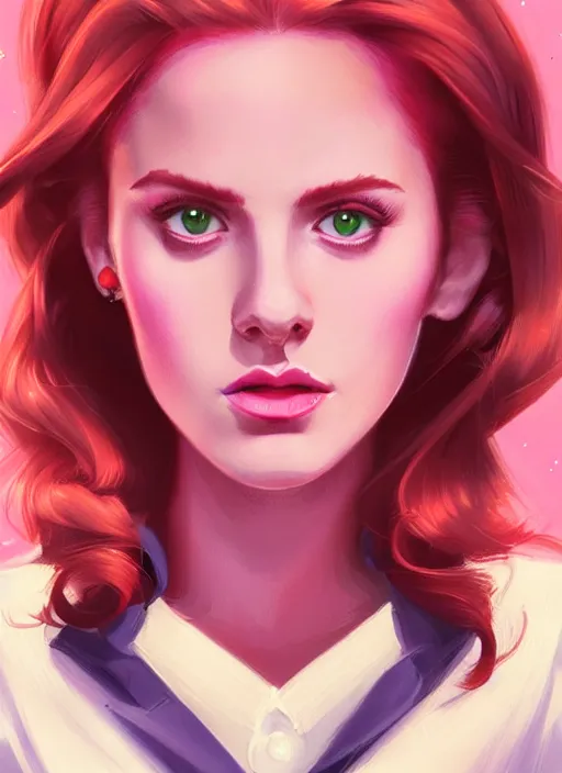 Image similar to full body portrait of teenage cheryl blossom, bangs, green eyes, sultry expression, red hair, sultry smirk, bangs and wavy hair, pink skirt, chubby, intricate, elegant, glowing lights, highly detailed, digital painting, artstation, concept art, smooth, sharp focus, illustration, art by wlop, mars ravelo and greg rutkowski