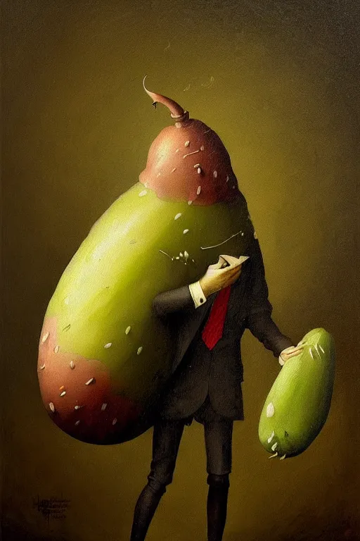 Image similar to hieronymus bosch, greg rutkowski, anna podedworna, painting of a pickle in a suit and tie