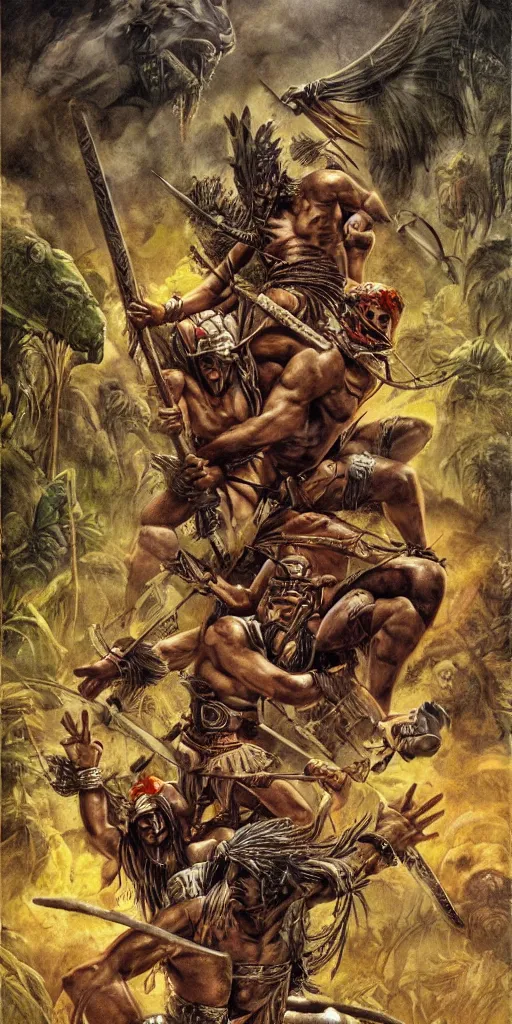 Image similar to editorial battle in jungle, brutal tower full of aztec and Amazonian fighting, epic, vintage, blood, slight inspiration of Boris vallejo and apocalypto, war photography