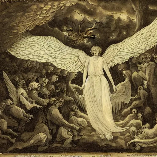 Prompt: A beautiful illustration of a winged creature, possibly an angel, flying high above a group of people in a dark, wooded area. The creature's wings are spread wide and its head is turned upwards, as if it is looking towards the sky. The people below are looking up at the creature with a mixture of awe and fear. by Miriam Schapiro manmade