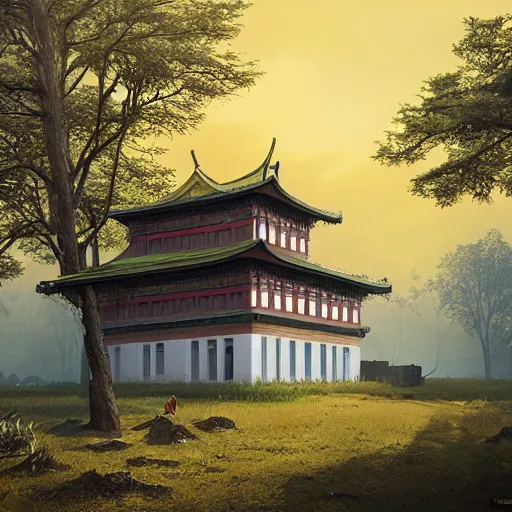 Image similar to rectangular house inspired by a tibetan palace, open field, big trees, yellow clouds, dramatic lighting, artstation, matte painting, raphael lacoste, simon stalenhag, frank lloyd wright