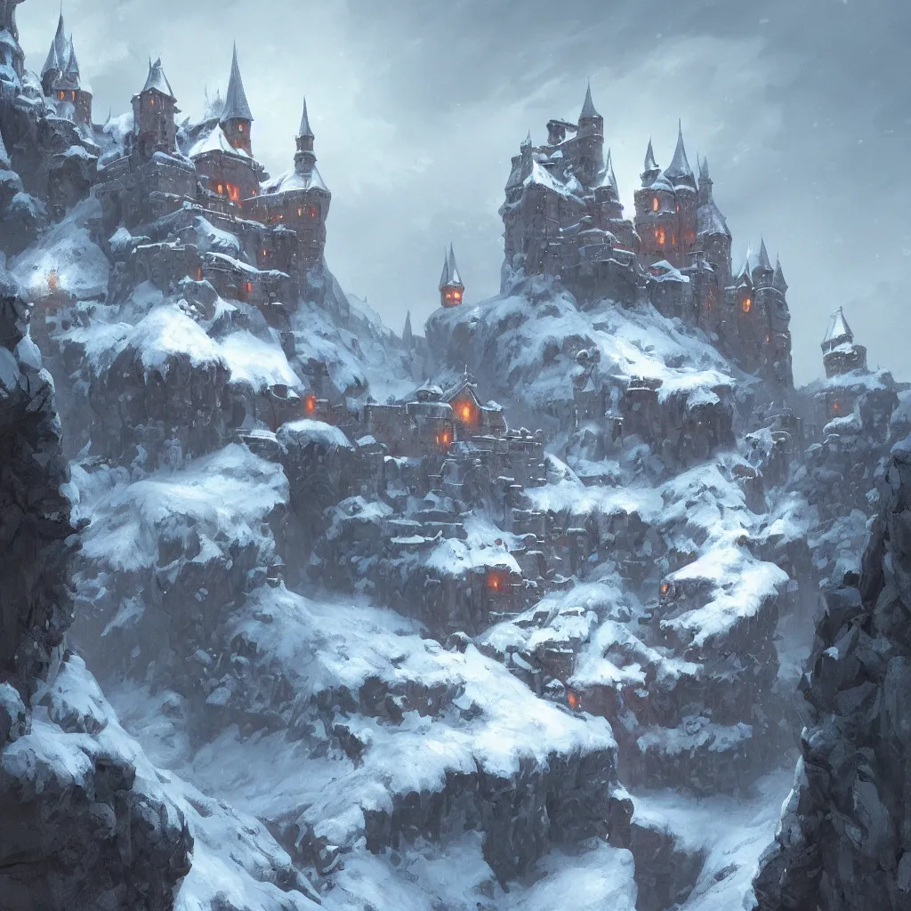 Image similar to a painting of a castle in the middle of a snowy mountain, a detailed matte painting by andreas rocha and greg rutkowski, featured on artstation, fantasy art, matte drawing, matte painting, artstation hq