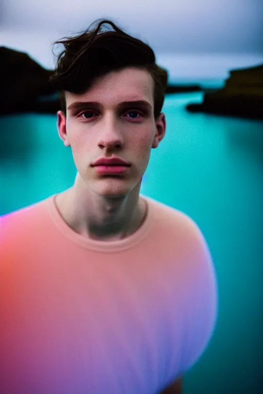 Image similar to high quality pastel coloured film mid angle docu photograph of a beautiful young 2 0 year old male, soft features, short black hair, oversized clothing, next to icelandic black rock pool environment. atmospheric. three point light. photographic. art directed. ( pastel colours ). volumetric light. clearcoat. waves glitch. 8 k. filmic.