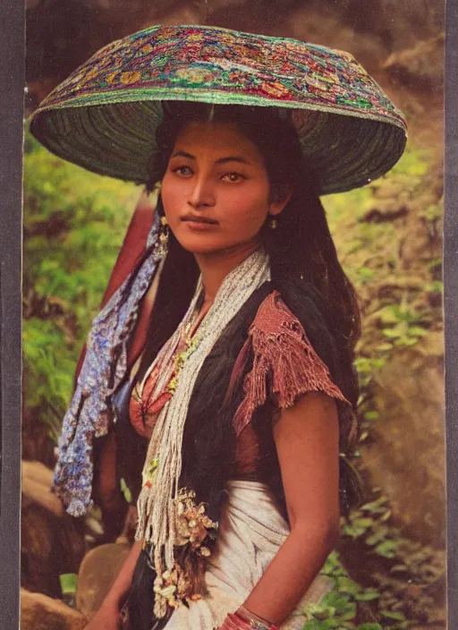 Image similar to vintage portrait photo of a beautiful beautifully lit nepalese Victorian woman in a lush valley with a tibetan monastery on a rock in the background by alphonse mucha and annie leibovitz