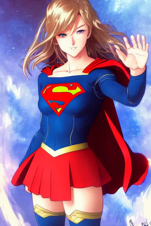 Image similar to anime key visual of a beautiful female supergirl!! intricate, red, blue gold suit, powers, speed, dc comics, cinematic, stunning, highly detailed, digital painting, artstation, smooth, hard focus, illustration, art by artgerm and greg rutkowski and alphonse mucha