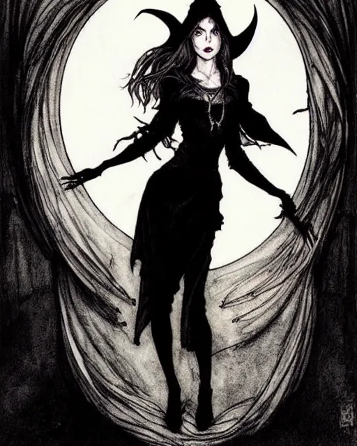 Prompt: style of arthur rackham, artgerm, steve niles : : gorgeous willa holland : : evil witch, swirling black magic, black dress : : symmetrical face, symmetrical eyes : : full body pose : : gorgeous black hair : : magic lighting, low spacial lighting : :