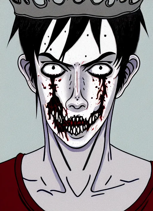 Image similar to junji ito style portrait of zombie teenage jughead jones wearing a light grey crown, zombie, crown, rotting skin, blind eyes, white eyes, crown, black hair, intricate, highly detailed, illustration, art by junji ito