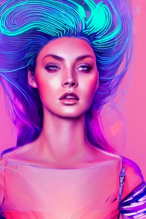 Image similar to a award winning half body portrait of a beautiful woman with stunning eyes in a croptop and cargo pants with ombre purple pink teal hairstyle by thomas danthony, surrounded by whirling illuminated lines, outrun, vaporware, shaded flat illustration, digital art, trending on artstation, highly detailed, fine detail, intricate