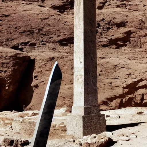 Image similar to A mythical sword floating above an obelisk in ancient ruins in the dessert