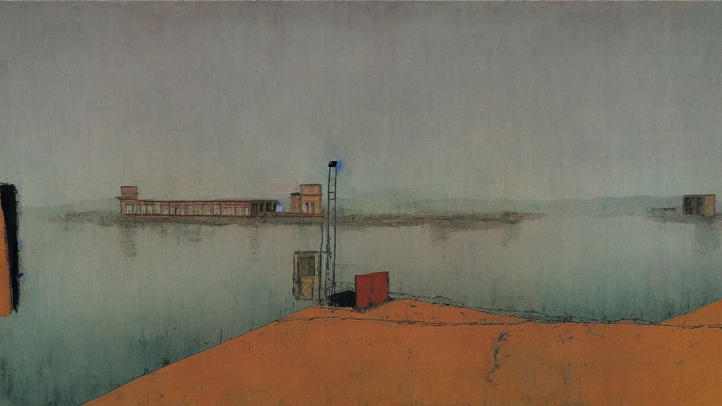 Image similar to a chinese prison near a river by peter doig, muted colors