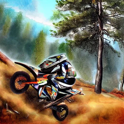 Prompt: detailed surreal digital painting of an off road motorcycle race moment, epic rider crash in the middle of a mountain view from a side, ktm, forest